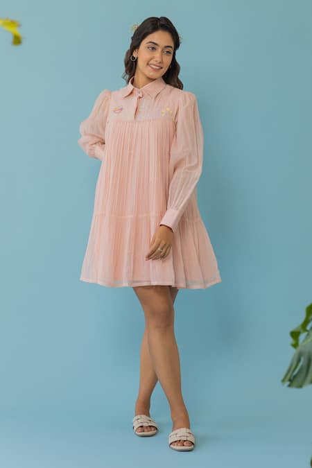 Khamaj India_Peach Chanderi, Cotton Embroidery, Pearls Collared Miren Yoke Dress With Inner _Online_at_Aza_Fashions