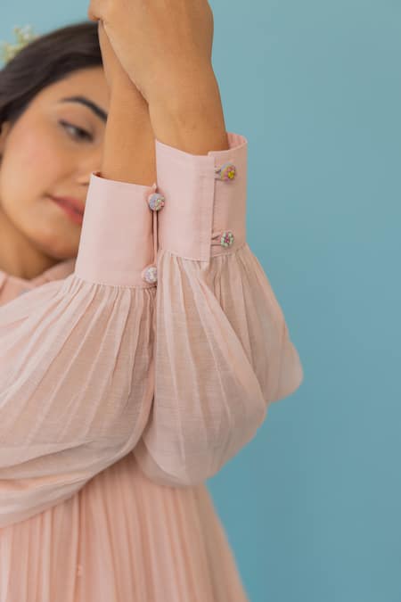 Shop_Khamaj India_Peach Chanderi, Cotton Embroidery, Pearls Collared Miren Yoke Dress With Inner _Online_at_Aza_Fashions