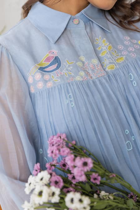 Shop Khamaj India Blue Chanderi, Cotton Collared Miren Double-frilled Dress With Inner Online at Aza Fashions Shop_Khamaj India_Blue Chanderi, Cotton Collared Miren Double-frilled Dress With Inner _Online_at_Aza_Fashions