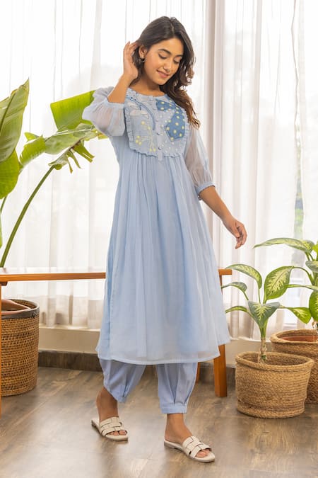 Khamaj India Blue Cotton, Chanderi Pearls Round Neck Carissa Yoke Embroidered Kurta Set Online at Aza Fashions Khamaj India_Blue Cotton, Chanderi Pearls Round Neck Carissa Yoke Embroidered Kurta Set _Online_at_Aza_Fashions