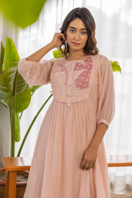Shop_Khamaj India_Peach Cotton, Chanderi Pearls Round Carissa Yoke Embroidered Kurta And Palazzo Set _Online_at_Aza_Fashions