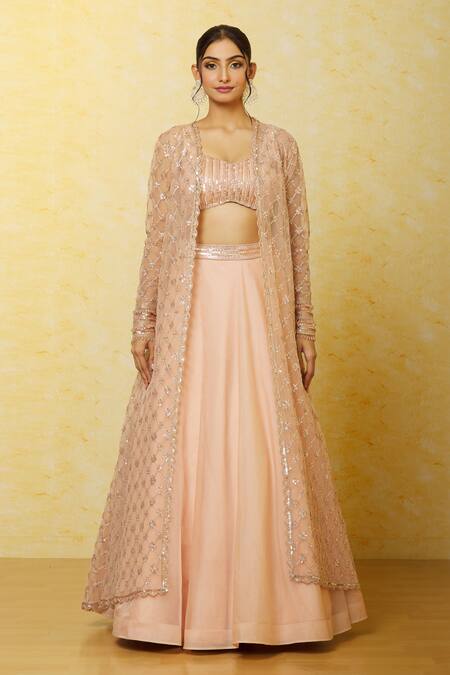 Buy_Shlok Design_Pink Net Embroidered Sequin Jacket Open Floral Jaal Embellished Lehenga Set_Online_at_Aza_Fashions