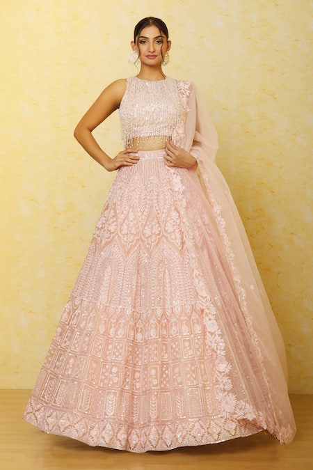 Shlok Design Peach Organza Embroidered Aari Halter Neck Bridal Lehenga Set