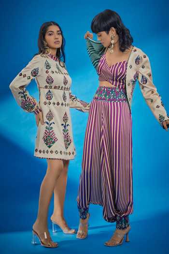 Surily G_Beige Satin Beads, Embroidery Round Neck Peacock Feather Motif Dress_Online_at_Aza_Fashions