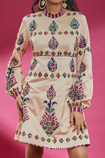 Buy_Surily G_Beige Satin Beads, Embroidery Round Neck Peacock Feather Motif Dress_Online_at_Aza_Fashions