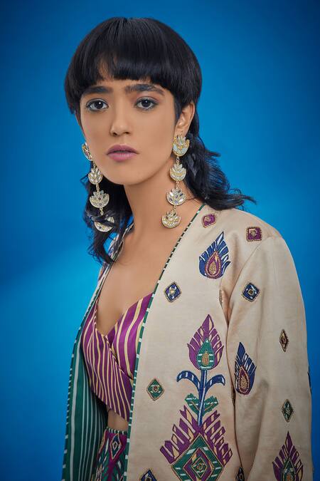 Surily G Beige Mashroom Satin Embroidery Peacock Feather Motif Jacket Online at Aza Fashions Surily G_Beige Mashroom Satin Embroidery Peacock Feather Motif Jacket _Online_at_Aza_Fashions