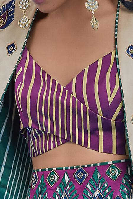 Surily G_Purple Silk Embroidery V-neck Stripe Pattern Top _Online_at_Aza_Fashions