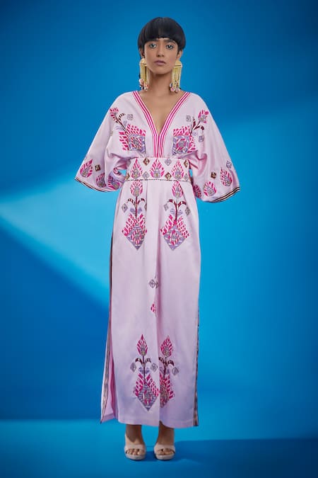 Shop Surily G Pink Mashroom Satin Embroidery Peacock Feather Motif Kaftan With Belt at Aza Fashions Shop_Surily G_Pink Mashroom Satin Embroidery Peacock Feather Motif Kaftan With Belt _at_Aza_Fashions