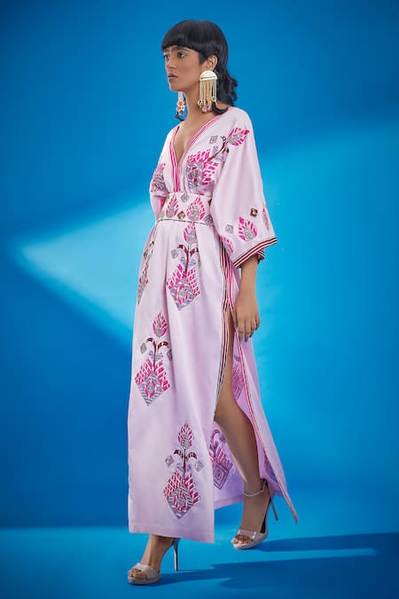 Surily G Pink Mashroom Satin Embroidery Peacock Feather Motif Kaftan With Belt Online at Aza Fashions Surily G_Pink Mashroom Satin Embroidery Peacock Feather Motif Kaftan With Belt _Online_at_Aza_Fashions