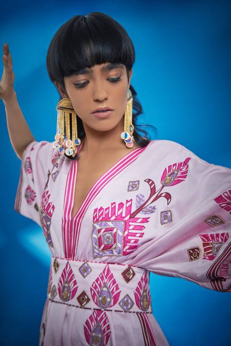 Buy Surily G Pink Mashroom Satin Embroidery Peacock Feather Motif Kaftan With Belt Online at Aza Fashions Buy_Surily G_Pink Mashroom Satin Embroidery Peacock Feather Motif Kaftan With Belt _Online_at_Aza_Fashions