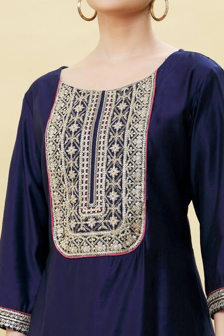 Shop Samyukta Singhania Blue Linen, , Silk, Satin Sequins, Embroidery Round Neck Kurta Set Online at Aza Fashions Shop_Samyukta Singhania_Blue Linen, , Silk, Satin Sequins, Embroidery Round Neck Kurta Set_Online_at_Aza_Fashions