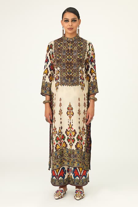 Rajdeep Ranawat_Beige Silk Beads Bandeau Neck Champa Geometric Pattern Tunic_Online_at_Aza_Fashions