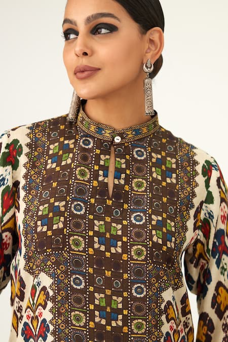 Buy_Rajdeep Ranawat_Beige Silk Beads Bandeau Neck Champa Geometric Pattern Tunic_Online_at_Aza_Fashions