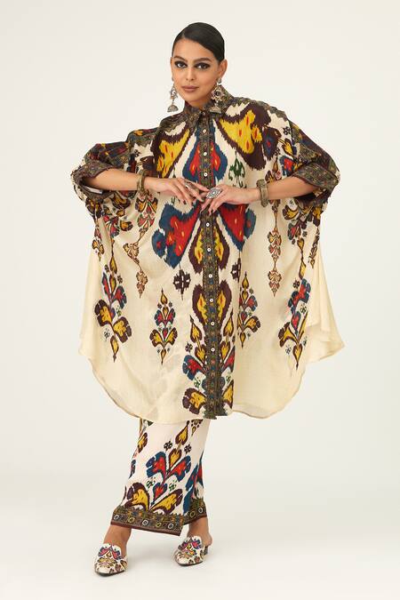 Buy_Rajdeep Ranawat_Beige Silk Beads Kamara Geometric Pattern Long Shirt_Online_at_Aza_Fashions