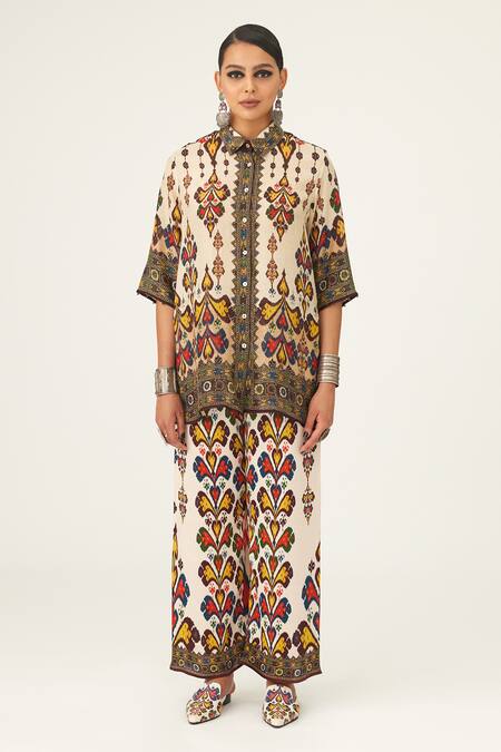 Rajdeep Ranawat_Beige Silk Beads Shawl Neck Maizah Geometric Pattern Shirt_Online_at_Aza_Fashions