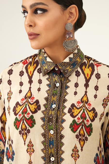 Shop_Rajdeep Ranawat_Beige Silk Beads Shawl Neck Maizah Geometric Pattern Shirt_Online_at_Aza_Fashions