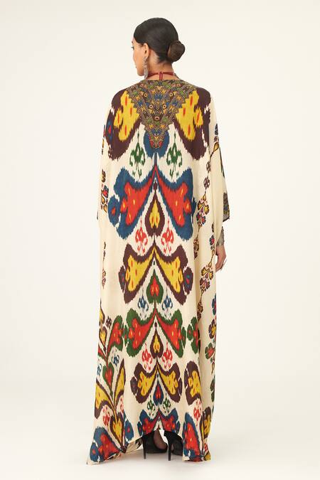 Shop Rajdeep Ranawat Beige Silk Embroidery V-neck Imama Geometric Pattern Kaftan at Aza Fashions Shop_Rajdeep Ranawat_Beige Silk Embroidery V-neck Imama Geometric Pattern Kaftan_at_Aza_Fashions