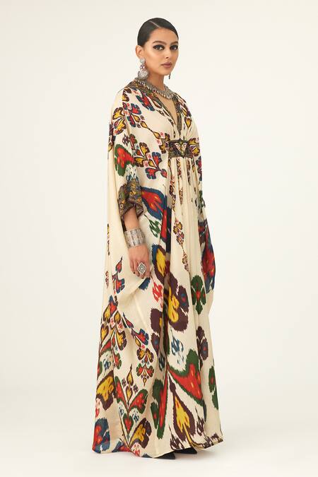 Buy Rajdeep Ranawat Beige Silk Embroidery V-neck Imama Geometric Pattern Kaftan Online at Aza Fashions Buy_Rajdeep Ranawat_Beige Silk Embroidery V-neck Imama Geometric Pattern Kaftan_Online_at_Aza_Fashions
