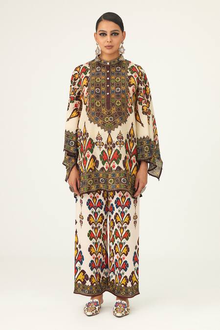 Shop_Rajdeep Ranawat_Beige Silk Beads Bandeau Neck Nylla Geometric Pattern Tunic_at_Aza_Fashions