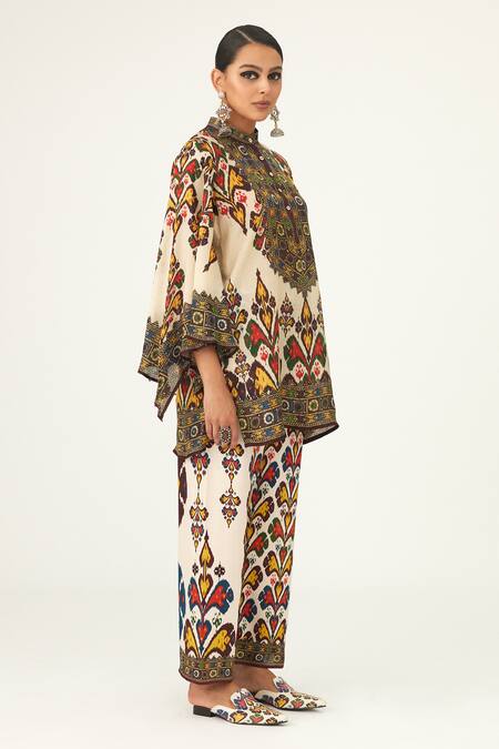 Rajdeep Ranawat_Beige Silk Beads Bandeau Neck Nylla Geometric Pattern Tunic_Online_at_Aza_Fashions