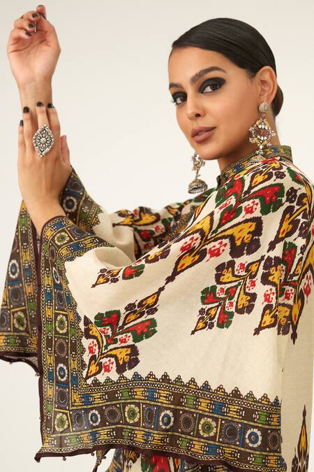 Buy_Rajdeep Ranawat_Beige Silk Beads Bandeau Neck Nylla Geometric Pattern Tunic_Online_at_Aza_Fashions