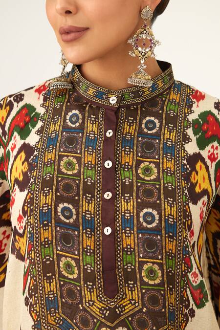 Shop_Rajdeep Ranawat_Beige Silk Beads Bandeau Neck Nylla Geometric Pattern Tunic_Online_at_Aza_Fashions