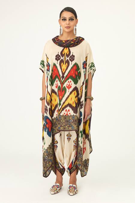 Rajdeep Ranawat_Beige Silk Embroidery Cowl Neck Lavanya Draped Tunic_Online_at_Aza_Fashions