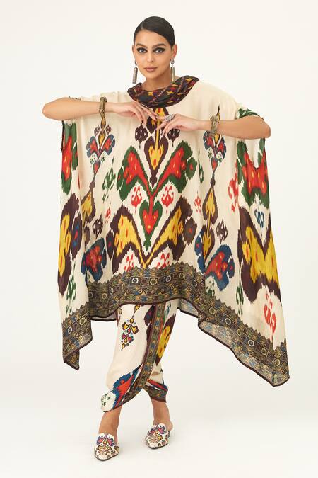 Buy_Rajdeep Ranawat_Beige Silk Embroidery Cowl Neck Lavanya Draped Tunic_Online_at_Aza_Fashions