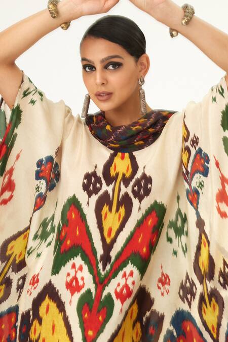 Shop_Rajdeep Ranawat_Beige Silk Embroidery Cowl Neck Lavanya Draped Tunic_Online_at_Aza_Fashions