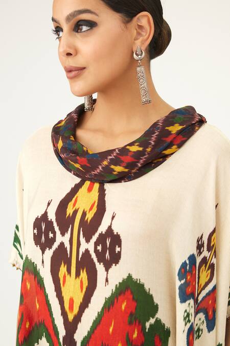 Rajdeep Ranawat_Beige Silk Embroidery Cowl Neck Lavanya Draped Tunic_at_Aza_Fashions