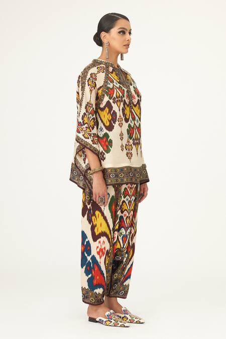 Buy_Rajdeep Ranawat_Beige Silk Beads Mandarin Collar Ramona Tie-up Poncho_Online_at_Aza_Fashions
