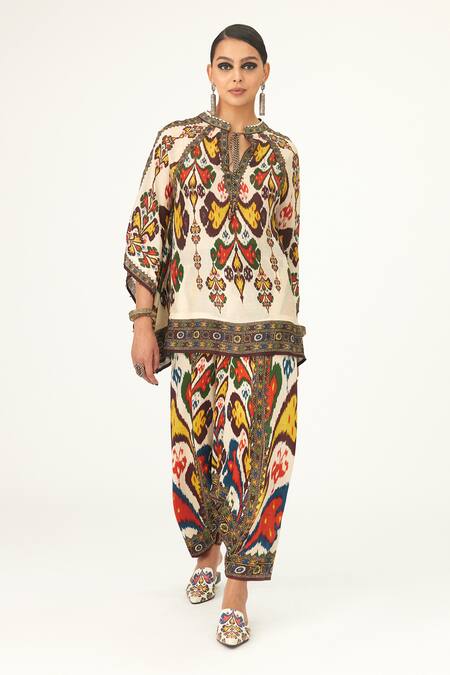 Shop_Rajdeep Ranawat_Beige Silk Beads Mandarin Collar Ramona Tie-up Poncho_Online_at_Aza_Fashions