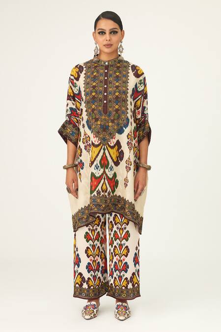Rajdeep Ranawat_Beige Silk Beads Bandeau Neck Chanel Geometric Pattern Tunic_Online_at_Aza_Fashions