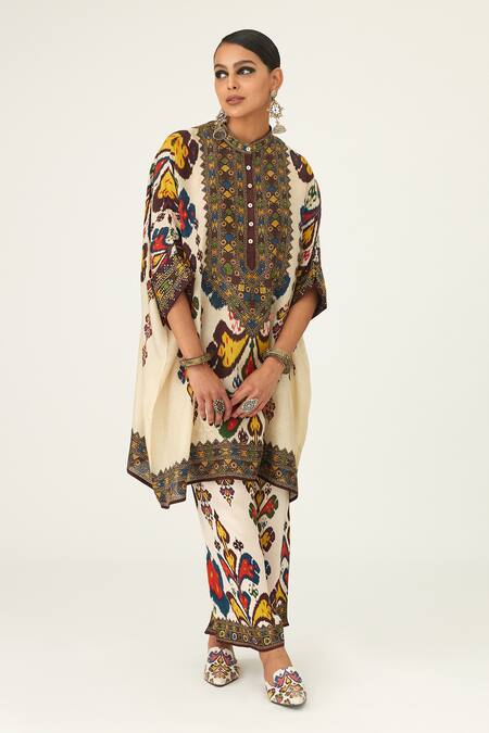 Buy_Rajdeep Ranawat_Beige Silk Beads Bandeau Neck Chanel Geometric Pattern Tunic_Online_at_Aza_Fashions
