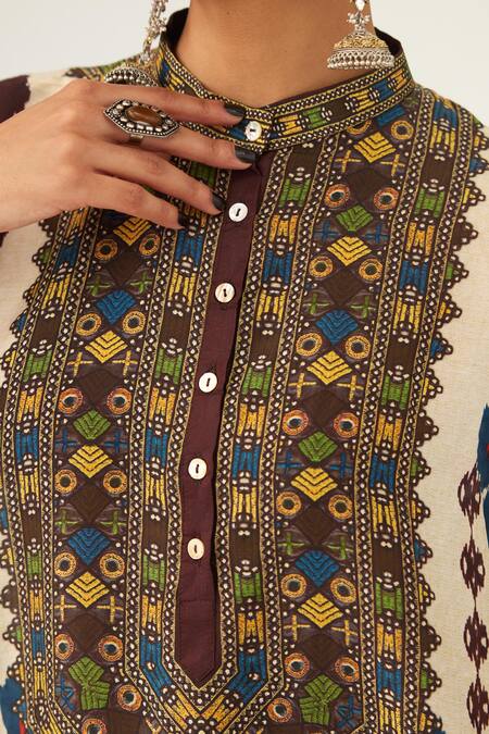 Shop_Rajdeep Ranawat_Beige Silk Beads Bandeau Neck Chanel Geometric Pattern Tunic_Online_at_Aza_Fashions