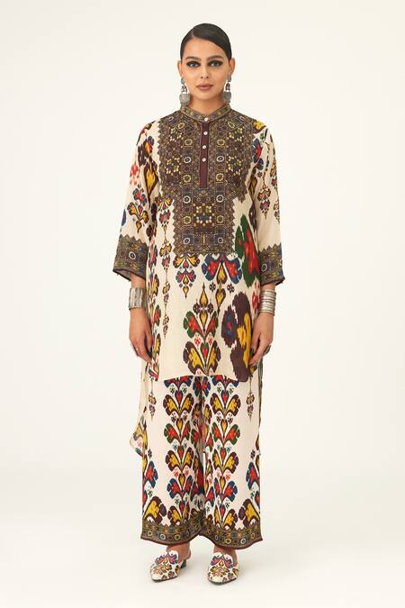 Rajdeep Ranawat_Beige Silk Beads Bandeau Neck Chanel High Low Tunic_Online_at_Aza_Fashions