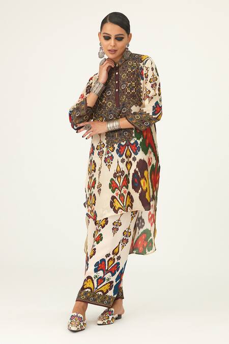 Buy_Rajdeep Ranawat_Beige Silk Beads Bandeau Neck Chanel High Low Tunic_Online_at_Aza_Fashions