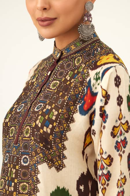 Shop_Rajdeep Ranawat_Beige Silk Beads Bandeau Neck Chanel High Low Tunic_Online_at_Aza_Fashions