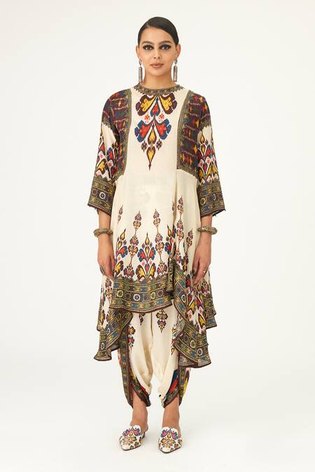 Rajdeep Ranawat_Beige Silk Beads Round Neck Aamilah Flared Tunic_Online_at_Aza_Fashions