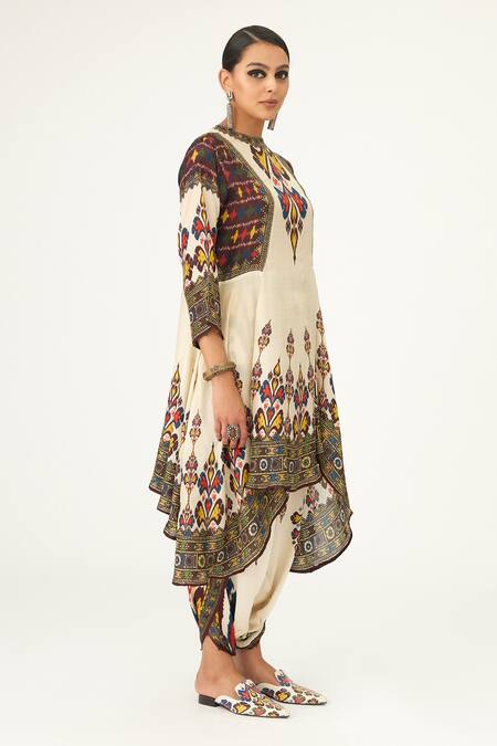 Buy_Rajdeep Ranawat_Beige Silk Beads Round Neck Aamilah Flared Tunic_Online_at_Aza_Fashions