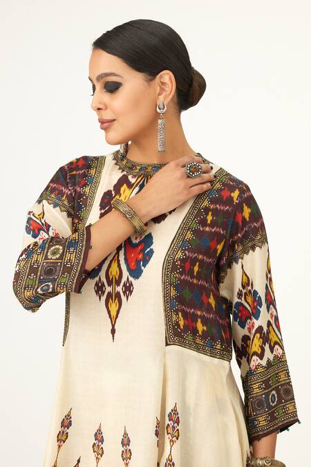 Shop_Rajdeep Ranawat_Beige Silk Beads Round Neck Aamilah Flared Tunic_Online_at_Aza_Fashions