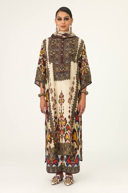 Buy Rajdeep Ranawat Beige Silk Beads Bandeau Neck Ghazala Geometric Pattern Tunic Online at Aza Fashions Buy_Rajdeep Ranawat_Beige Silk Beads Bandeau Neck Ghazala Geometric Pattern Tunic_Online_at_Aza_Fashions