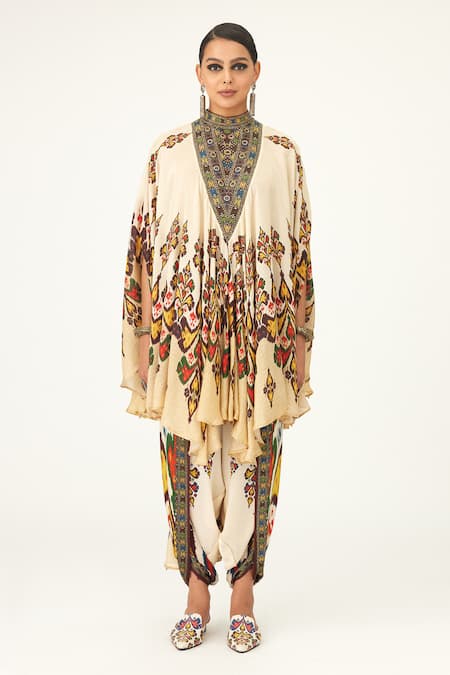 Rajdeep Ranawat_Beige Silk Embroidery Bandeau Neck Farah Geometric Pattern Dress_Online_at_Aza_Fashions