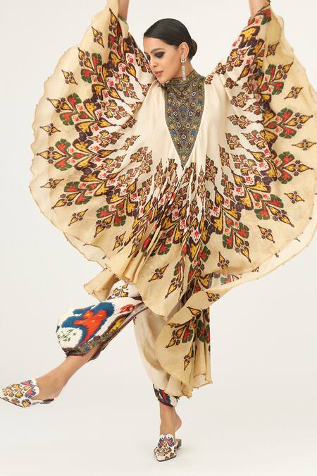 Buy_Rajdeep Ranawat_Beige Silk Embroidery Bandeau Neck Farah Geometric Pattern Dress_Online_at_Aza_Fashions