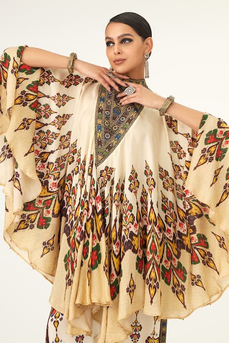 Shop_Rajdeep Ranawat_Beige Silk Embroidery Bandeau Neck Farah Geometric Pattern Dress_Online_at_Aza_Fashions