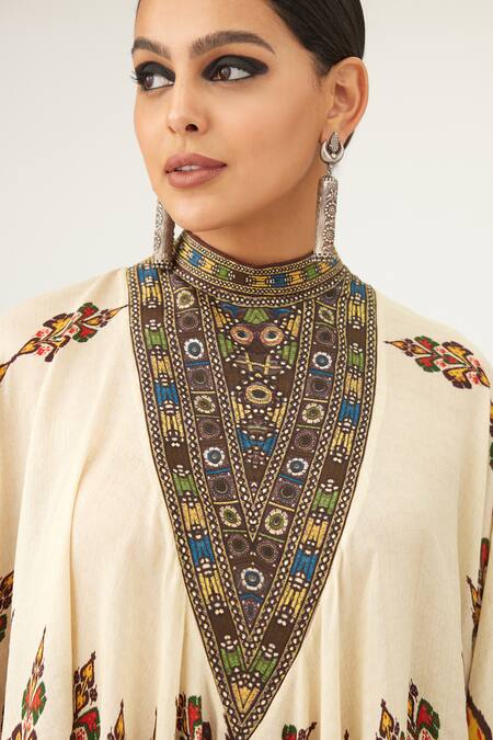 Rajdeep Ranawat_Beige Silk Embroidery Bandeau Neck Farah Geometric Pattern Dress_at_Aza_Fashions