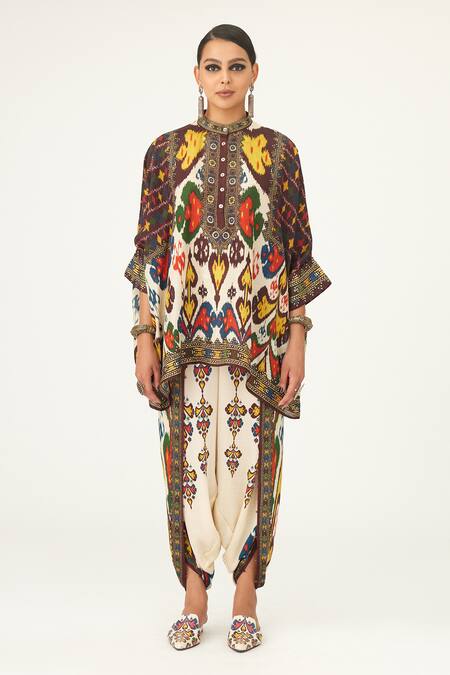 Rajdeep Ranawat Beige Silk Embroidery Bandeau Neck Chanel Geometric Pattern Tunic Online at Aza Fashions Rajdeep Ranawat_Beige Silk Embroidery Bandeau Neck Chanel Geometric Pattern Tunic_Online_at_Aza_Fashions