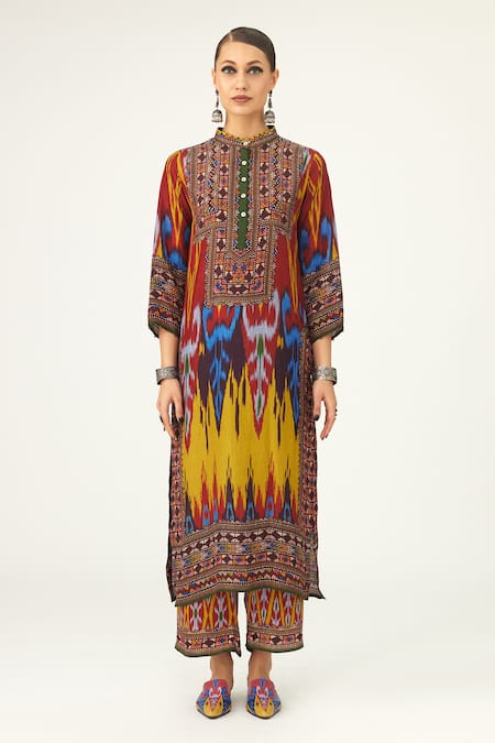 Rajdeep Ranawat Yellow Silk Beads Bandeau Neck Champa Geometric Pattern Tunic Online at Aza Fashions Rajdeep Ranawat_Yellow Silk Beads Bandeau Neck Champa Geometric Pattern Tunic_Online_at_Aza_Fashions