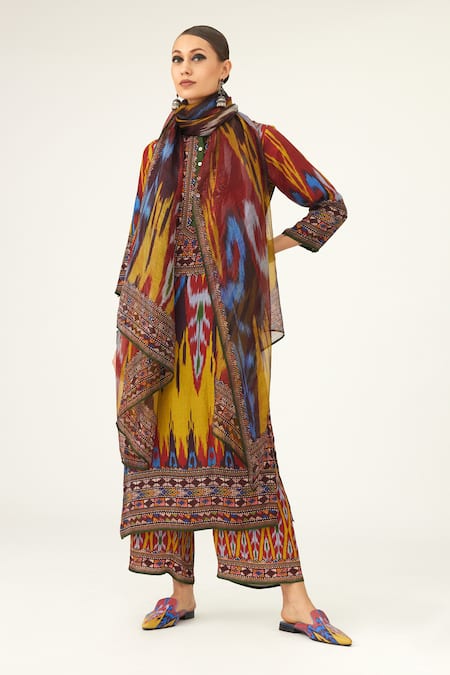 Buy Rajdeep Ranawat Yellow Silk Beads Bandeau Neck Champa Geometric Pattern Tunic Online at Aza Fashions Buy_Rajdeep Ranawat_Yellow Silk Beads Bandeau Neck Champa Geometric Pattern Tunic_Online_at_Aza_Fashions