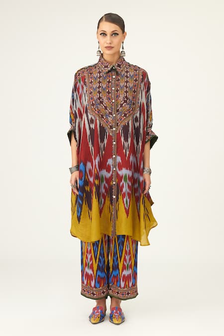 Rajdeep Ranawat_Yellow Silk Beads Shawl Neck Kamara Geometric Pattern Long Shirt_Online_at_Aza_Fashions